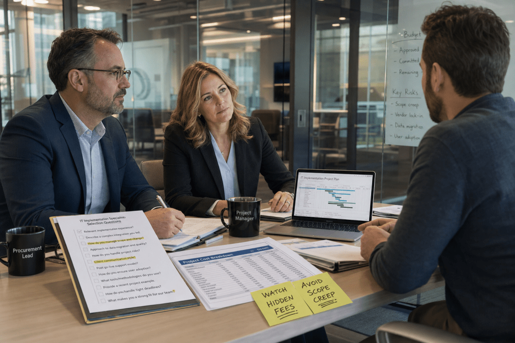 Welke vragen moet je stellen bij het selecteren van een implementatie specialist om verborgen kosten en scope creep te&nbsp;voorkomen?